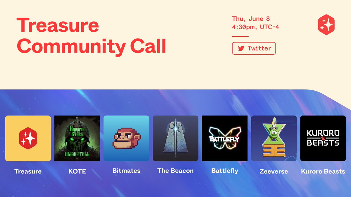 Join us today for a mega Treasure Community Call to hear updates from the team and our partner games!

🌟 Featuring: <a href="/KnightsOfTheEth/">Blightfell</a> <a href="/PlayBitmates/">Bitmates</a> <a href="/The_Beacon_GG/">The Beacon</a> <a href="/BattleFlyGame/">BattleFly DAO</a> <a href="/ZeeverseGame/">Zeeverse</a> <a href="/kurorobeast/">kuroro beasts</a>

🗓️ When?: Today June 8 at 4:30pm EST

🎙️ Tune in: x.com/i/spaces/1zqJV…