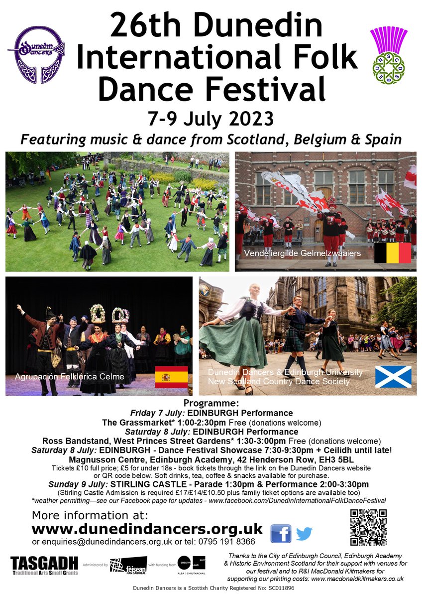 DunedinDancers's tweet photo. We now have a final programme for the Dunedin International Folk Dance Festival 7-9 July 2023 in Edinburgh &amp; Stirling. Please share &amp; look out for more details over the coming weeks including about our wonderful guest groups from Belgium &amp; Spain! @MusicNewsScot @VisitScotland https://t.co/m6srK3ds6I
