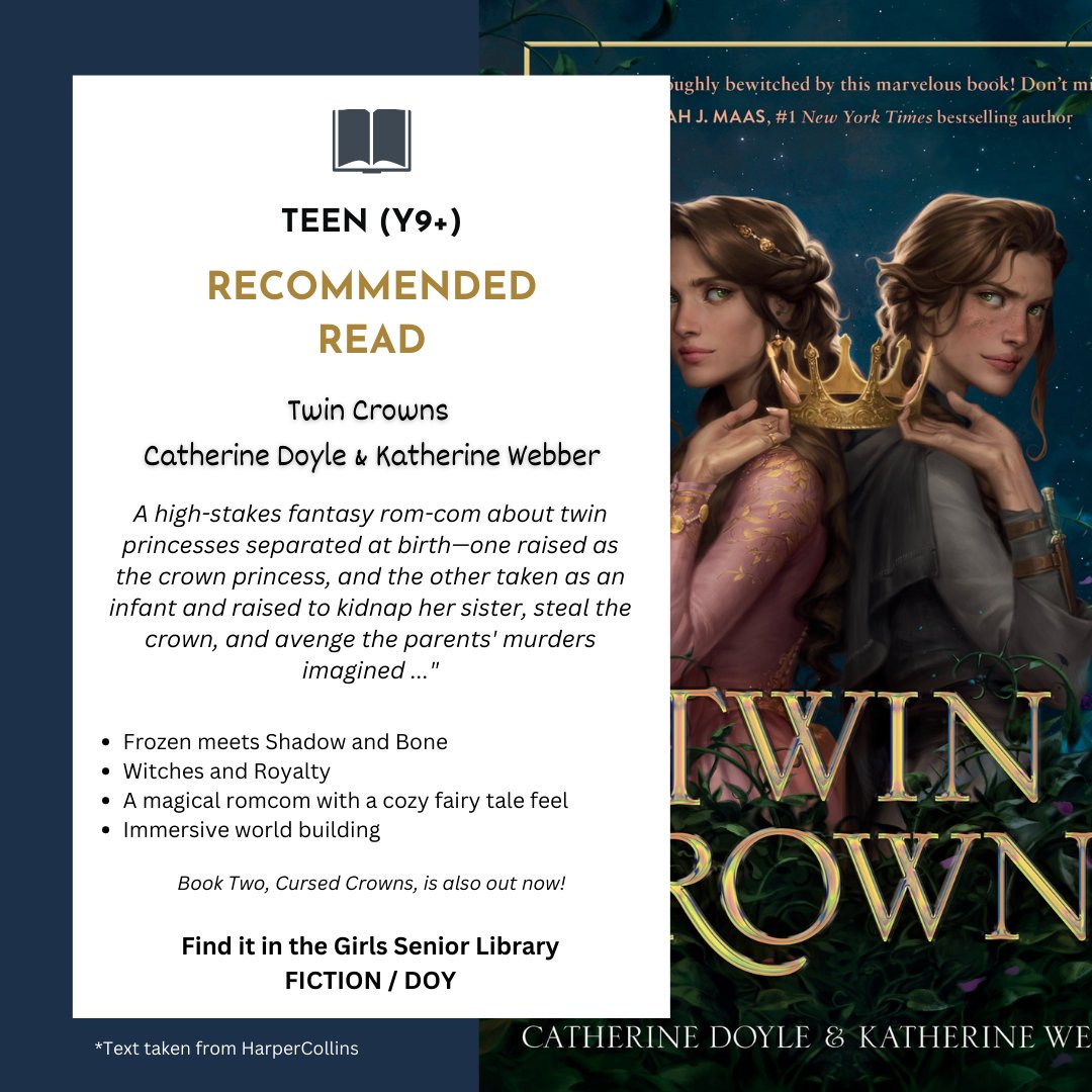 BGSLibraries's tweet photo. Twin Crowns by @doyle_cat and @kwebberwrites is our pick for teen readers this week!

This story follows royal twins who are separated at birth and set against each other - what will happen when they meet? 

#BGSrecommends #BGSreads https://t.co/GyYFEUTVRF