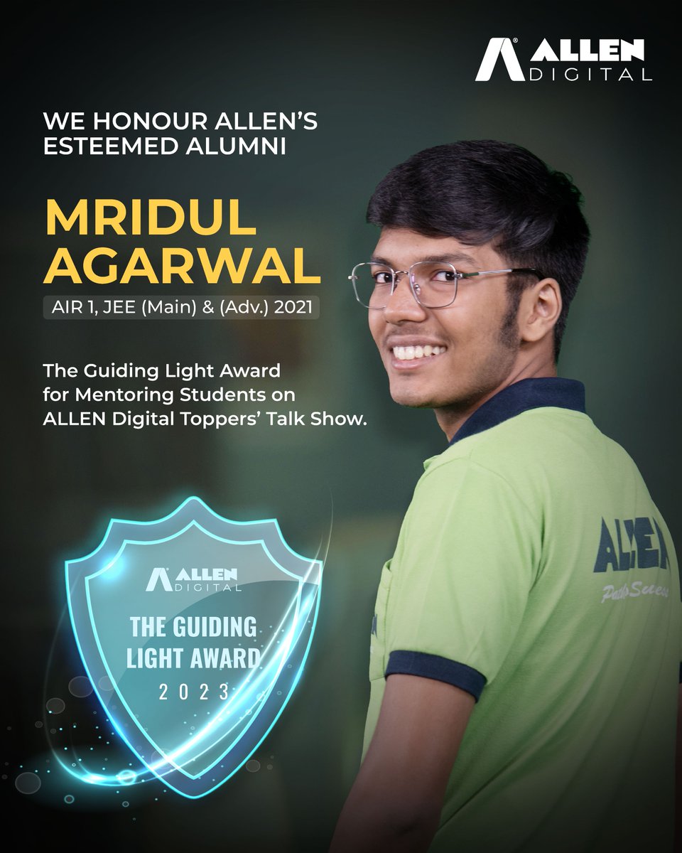 ALLENDigital_In's tweet photo. 🎉 We are proud to honour Mridul Agarwal (@MridulA05477516) AIR 1 JEE (Main) & (Adv.) 2021 with "The Guiding Light Award 2023" who lit the path for countless other students. You showed us that greatness inspires greatness!

🌟 Thank you for being the guiding light!

#ALLENDigital #GuidingLightAward #MridulAgarwal