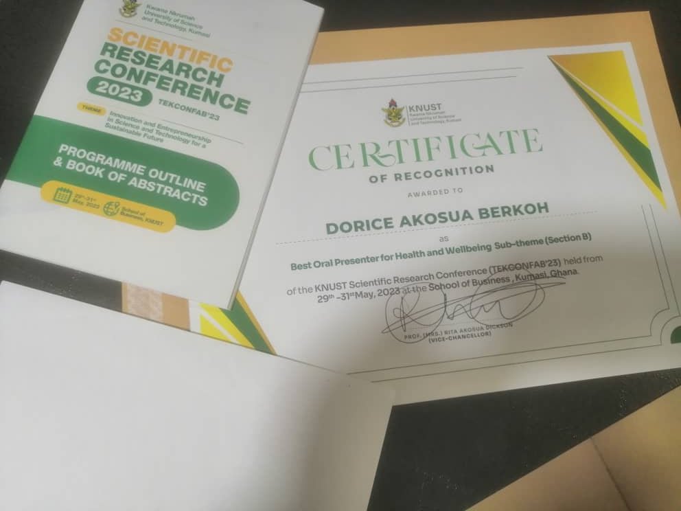 NutriDiaM_R's tweet photo. Congratulations @DoriceB for winning best oral presenter for Health and Well-being subtheme (Section B)at the just ended @KNUSTGH Scientific Research Conference. Cheers to more wins and higher heights!!💗🥳🥳 @blessing_ankrah @bofosubamfo1 @ekowkenny @timmy_donkoh https://t.co/c9y4tR34s7
