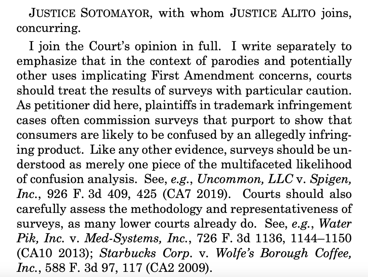 Justice Kagan has the unanimous opinion for the court in Jack Daniels. I'm fascinated by this concurrence, which features the extraordinarily rare pairing of Sotomayor and Alito. supremecourt.gov/opinions/22pdf…