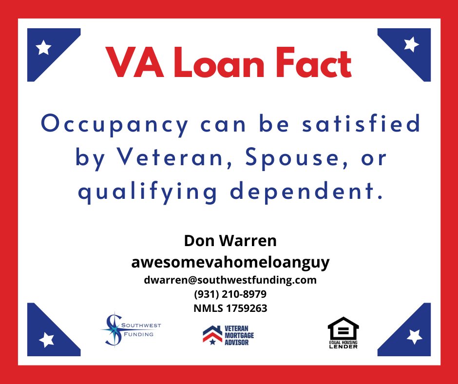 Who can satisfy the VA occupancy requirement?

#awesomevahomeloanguy #tnhomes #kyhomes #nchomes #alhomes #flhomes #crossvilletn #vahomeloan #vahomeloans #tennesseerealtor #floridarealtor #northcarolinarealtor #alabamarealtor #kentuckyrealtor #tnrealtor #flrealtor #ncrealtor