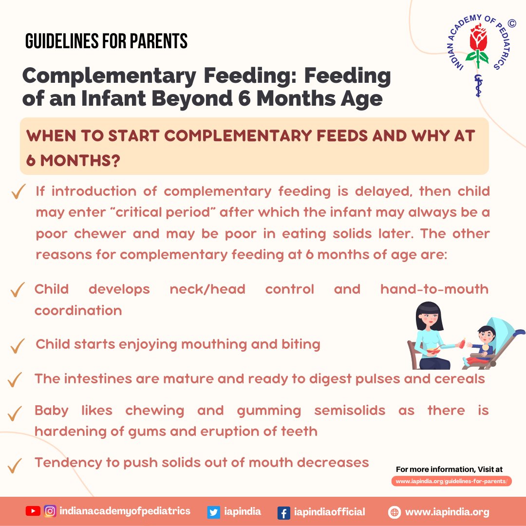 When to start complementary feeds and why at 6 months?

#pediatricianlife #pediatrics #pediatrician #indianacademyofpediatrics #iap #breastfeeding #breastmilk #breastfeedingtips #pregnancy #pregnant #PregnancyJourney #pregnantlife #food #childcare #baby #babyfood #babyfoodideas