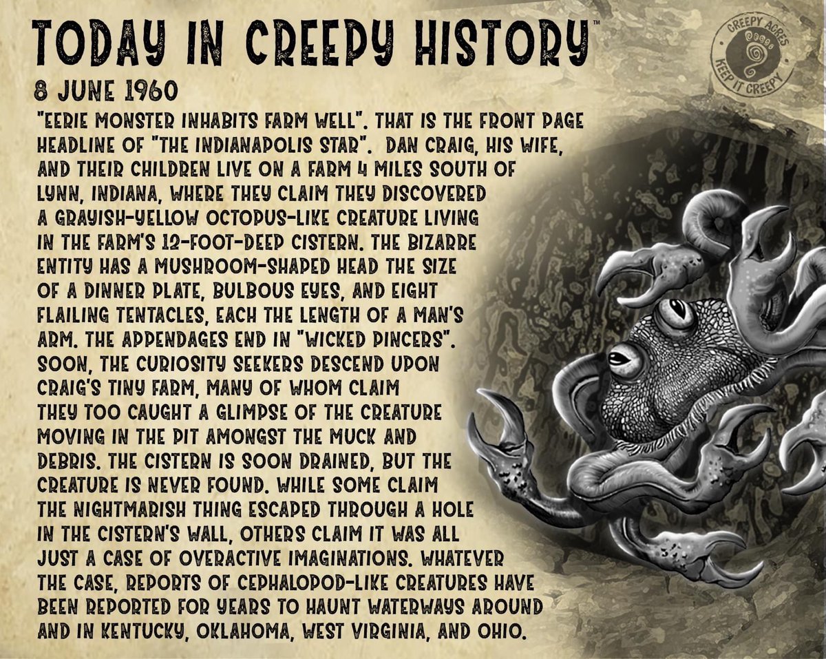 Younger people may not know what a cistern is, but they’re man-made reservoirs for collecting/storing rainwater often built in basements or underground using brick, mortar or stone. It was in just such a place that The Randolph County Cistern Creeper was said to lurk.