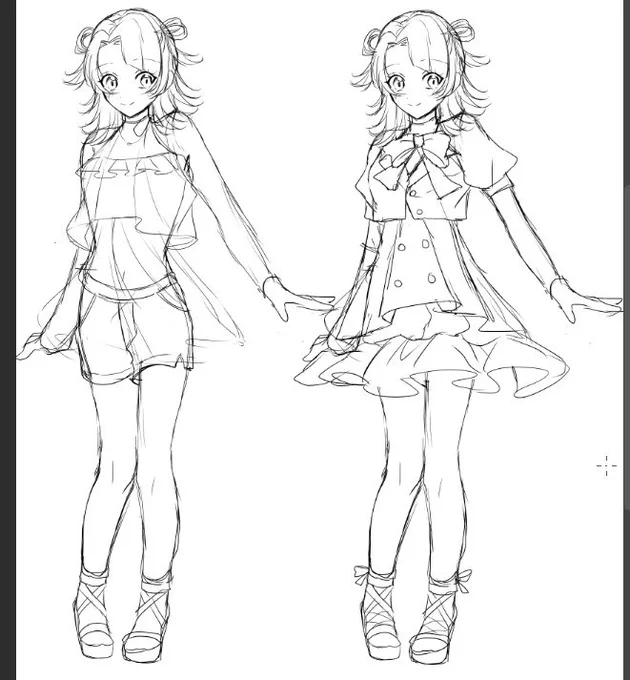依頼絵の塗りデータが消えて泣いたので衣装考え、どっちがいいかなぁ… 