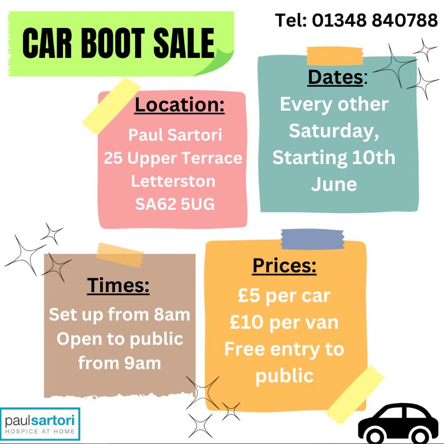 🚗 CAR BOOT SALE 🚗 

Come along to our Letterston Store car boot sale every other Saturday, starting THIS SATURDAY! 😁

Come along & grab a bargain

#sartoristores #pembrokeshire #charityretail #charityshopfinds #fundraising #supportus #paulsartorihospiceathome #carboot