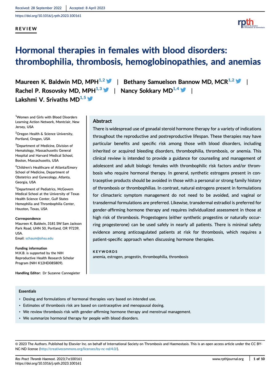 Check out this new #RPTHReview on the safety of  hormonal therapies in those with blood disorders. <a href="/teengynheme/">Maureen Baldwin, MD MPH</a> <a href="/bsamuelson_md/">Bethany Samuelson Bannow MD, MCR</a> <a href="/RosovskyRachel/">Rachel Rosovsky</a> <a href="/LakshmiSrivaths/">Lakshmi Srivaths</a> <a href="/fwgbd/">FWGBD</a> 
bit.ly/3MVBmhG