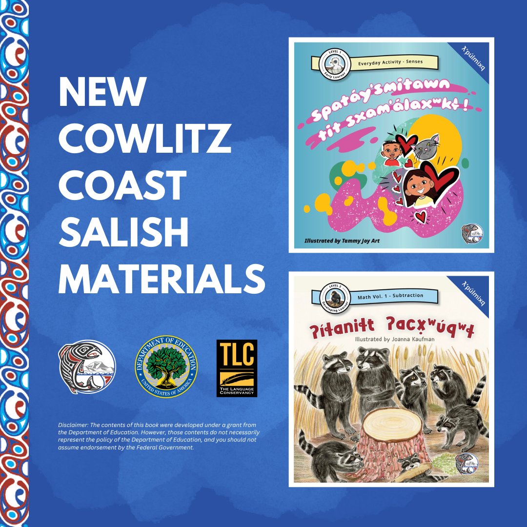 LangConservancy's tweet image. We are honored to have collaborated with the Cowlitz Indian Tribe in the release of two NEW #Cowlitz Coast Salish picture books: Our Family Is Visiting Us (spatáyʼsmitawn tit sxamʼálaxʷ kɬ !) and Eating Together (ʔíɬaniɬt ʔacx̣ʷúqʷɬ).

#languagerevitalization #Indigenoulanguages