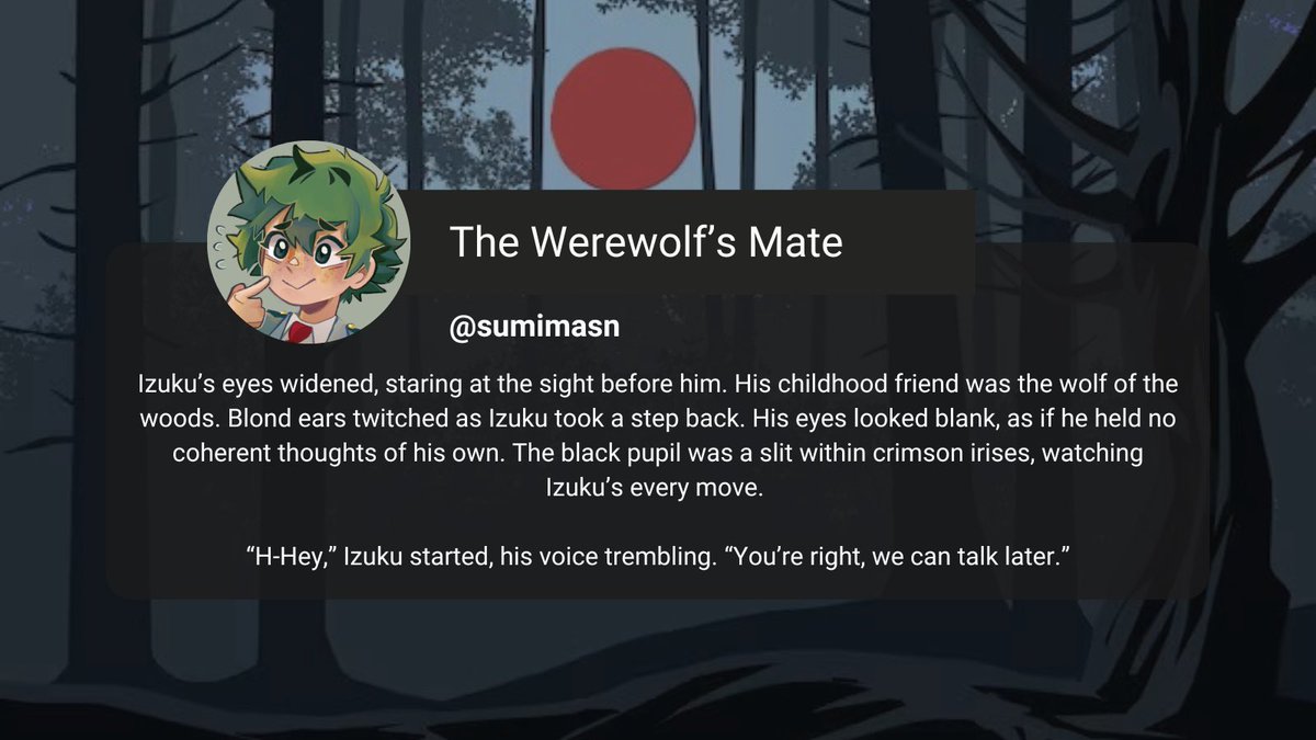 🐺THE WEREWOLF’S MATE🐺 

🌕BNHA | BKDK
🌕Rated: E | 2.8k WC
🌕For the Fight Or Flight Zine <a href="/BkDkMonsterZine/">Fight Or Flight: A Monsterfucking Zine | RELEASED</a> 
🌕Werewolf!Baku | Non-Con | Forced Mating | Predator/Prey Themes | Biting | Blood | Knotting 

🔗 archiveofourown.org/works/47680858
#bkdk #bakudeku #ktdk