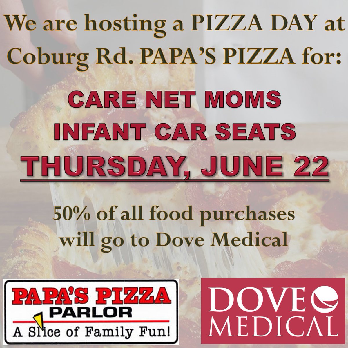 You can help provide an infant car seat to one of Dove Medical's patients. Buy a little 🍕 from the Coburg Road Papa's Pizza on June 22, and 50% your food purchase goes to Dove Medical. #pizzaday #pregnancydiagnosisclinic