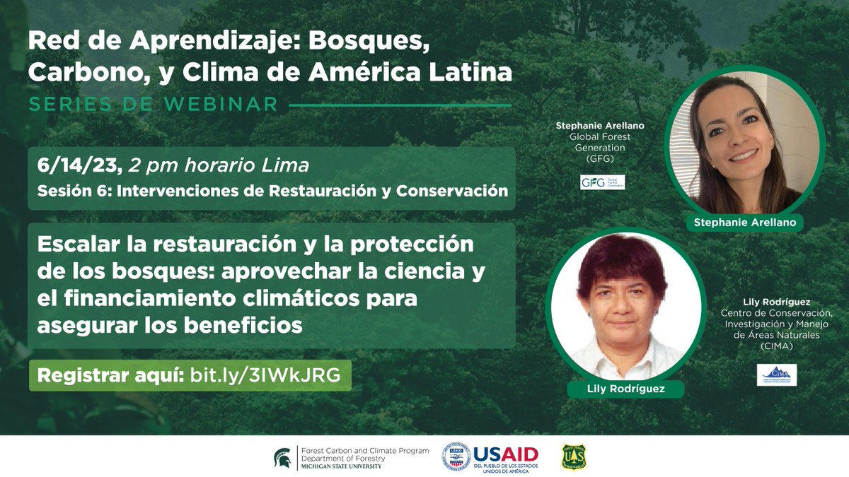 Join us! The final Spanish-language session in the 2022-23 "Red de Aprendizaje: Bosques, Carbono, y Clima de América Latina" webinar series is 6/14 at 2 pm Lima time. Register for the upcoming session: bit.ly/43H7lc0 <a href="/USAID/">USAID</a> <a href="/USAIDPeru/">USAID/Peru</a> <a href="/forestservice/">USDA Forest Service</a>