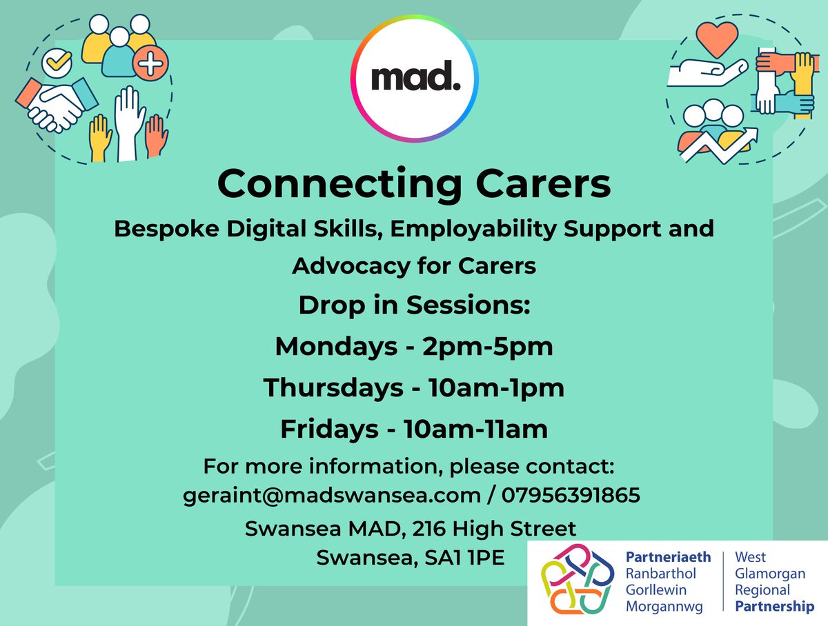 #SwanseaMAD offers bespoke drop-in sessions for #Carers through our Connecting Carers project, supported by West Glamorgan Regional Partnership. #CareresWeek @CarersWales @CarersUK @SwanseaCarers @carerssupportww @cey_yac @YCCHerts @CarerCaerphilly @WGlamPship