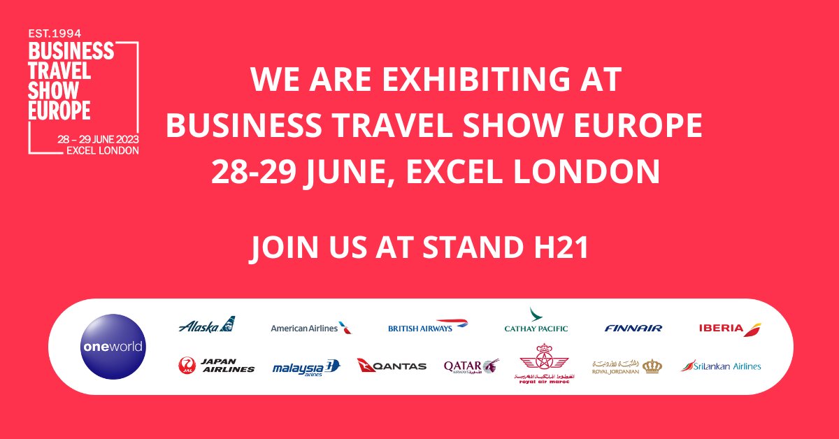 The #oneworld is thrilled to exhibit again at the @BTShowEu at @ExCeLLondon on 28-29 June!

We cannot wait to visit with our #businesstravel industry colleagues & friends.

Register now & visit us at Booth H21: businesstravelshoweurope.com

#CorporateTravel #BTSEurope #TravelBright