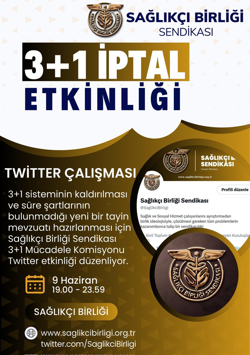 Sağlıkçı Birliği Sendikası 3+1 Mücadele Komisyonu, hashtag çalışması düzenleyecektir. 3+1 sisteminin kaldırılması ve süre şartlarının bulunmadığı bir tayin mevzuatı hazırlanması için hem sosyal medya hem saha hem de masada mücadelemiz sürecektir.

TARİH: 9 Haziran - 19.00