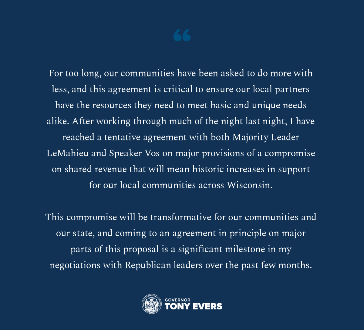 GovEvers's tweet photo. BREAKING: I’ve reached a tentative agreement with GOP leaders on a historic increase in shared revenue to support communities of every size statewide, contingent upon a historic investment in K-12 schools and education. 🧵 https://t.co/VR9hLsRlIU