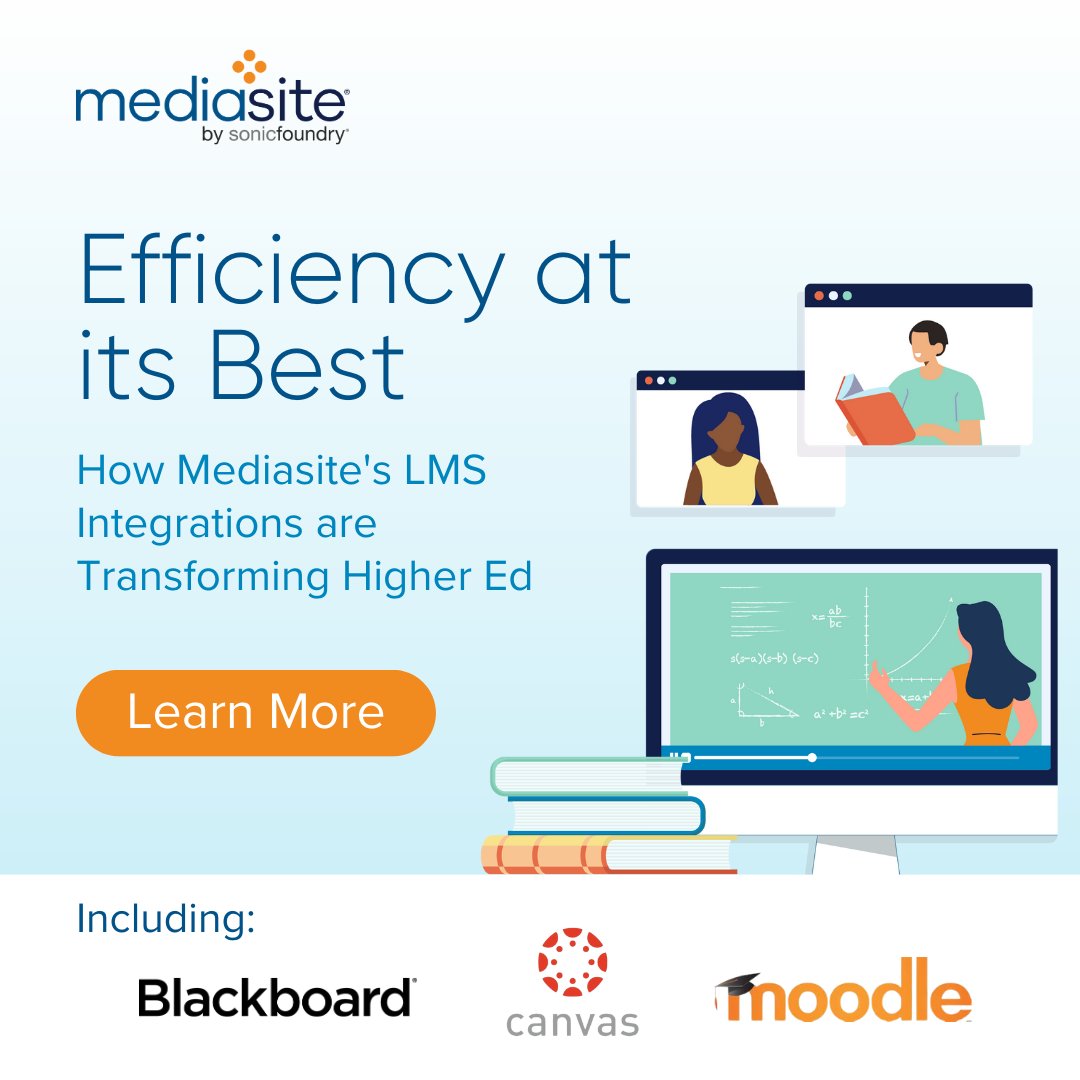 Mediasite's tweet photo. Mediasite integrates perfectly with every major LMS, and it effortlessly scales campus or district-wide — which means less new technology to buy, learn, and maintai

Learn more about how Mediasite can work for higher education—visit https://t.co/Qi1VCjlv9m. https://t.co/3fUCZDDAZo
