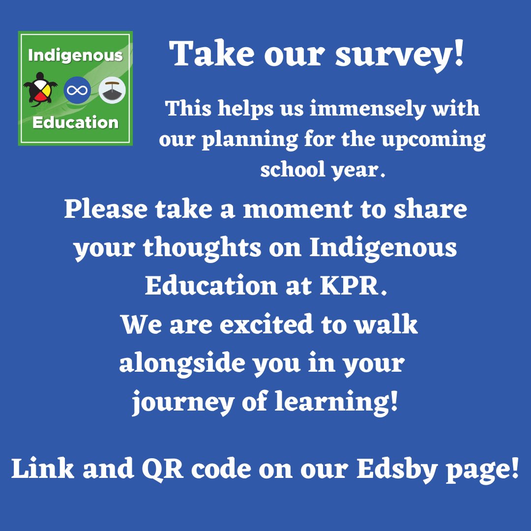 KPRIndigenous's tweet photo. KPR folks! Help us plan for the year ahead by taking our short survey! You can find the link on our Edsby group page, and in our department memo regarding National Indigenous History Month! @kprschools #KPRIndigenous https://t.co/RFHKlkqWMt