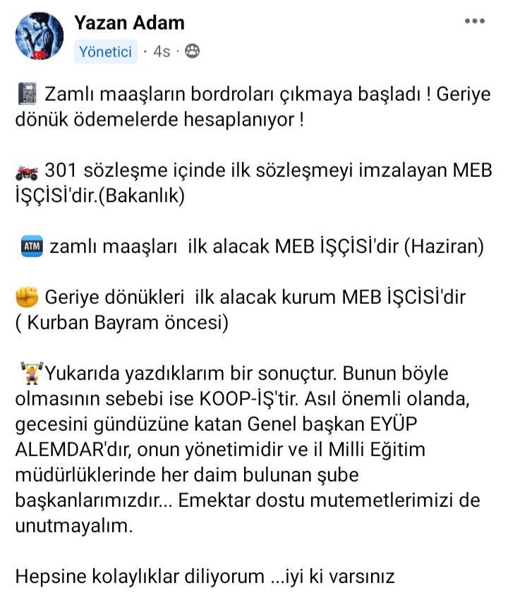 <a href="/alemdareyup/">Eyüp Alemdar</a> <a href="/KOOPISSENDIKASI/">Koop-İş Sendikası</a>  Tüm MEB işçileri zamlı maaşlarını ve geriye dönük ödemelerini kurban bayramından önce alacak. Piktes Öğretmeni üyeleriniz de kurban bayramından önce alırsa ,bayrama rahat girecekler. 3000 aile kurban bayramından önce zamlı maaş ve geriye dönük