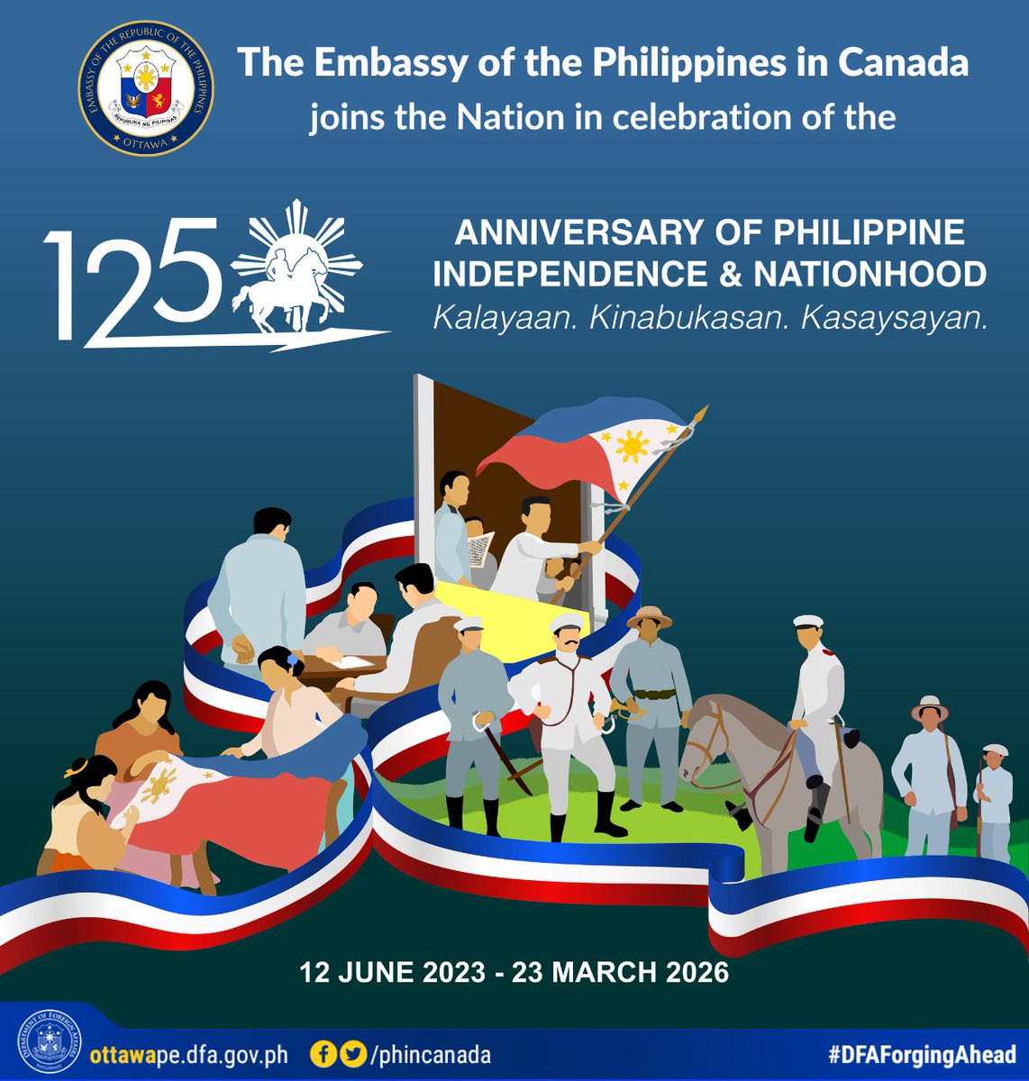 PHinCanada's tweet photo. The Embassy of the Philippines in Canada joins the Filipino nation in commemorating the 125th Anniversary of Philippine Independence (PH125) on 12 June 2023.
Read more: https://t.co/pvsvfYTmn8

#Watawat2023
#SaluteToACleanFlag
#PH125 
#MakeItHistoric https://t.co/62dqWknbLE