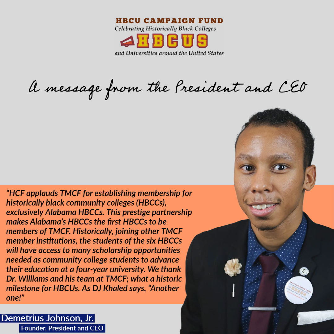 HBCUCampaign's tweet photo. Statement from HCF President and CEO Demetrius Johnson, Jr. on the establishment of #TMCF membership for Alabama's six historically black community colleges (HBCCs).
#HBCU #HBCUCampaignFund #CampaignForHBCUs #HBCUPRIDE https://t.co/l5sCLxCxcA