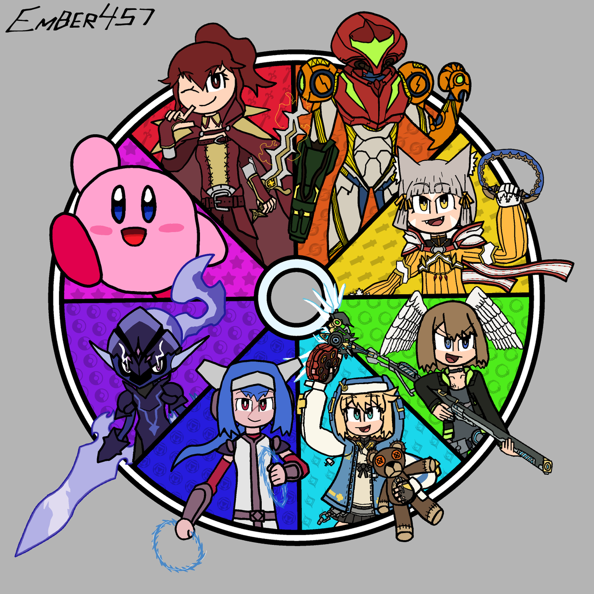 Color Wheel Challenge finished!

From Red to Pink in Clockwise direction, Anna from FE13, Samus in the Metroid Dread Varia Suit, Nia from XC2, Eunie from XC3, Bridget from Guilty Gear, Lea from CrossCode, Ceruledge from Pokemon, and Kirby!

This was fun to make on stream!