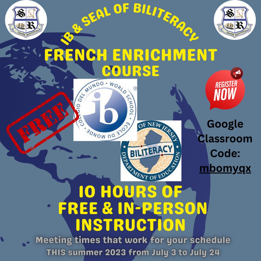 Free 10 hours of French enrichment for IB &amp; Seal of Biliteracy Prep for <a href="/shoreregional/">Shore Regional</a> French language students.  See Madame for more info ASAP.