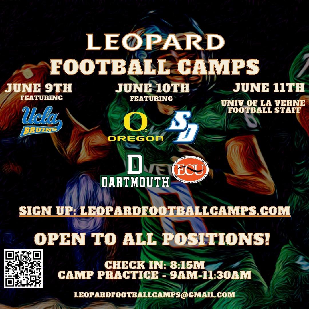 University of San Diego added for Saturday June, 10th. All camp dates are individual single day camps and will be held on the University of La Verne Campus, Ortmayer Stadium leopardfootballcamps.com