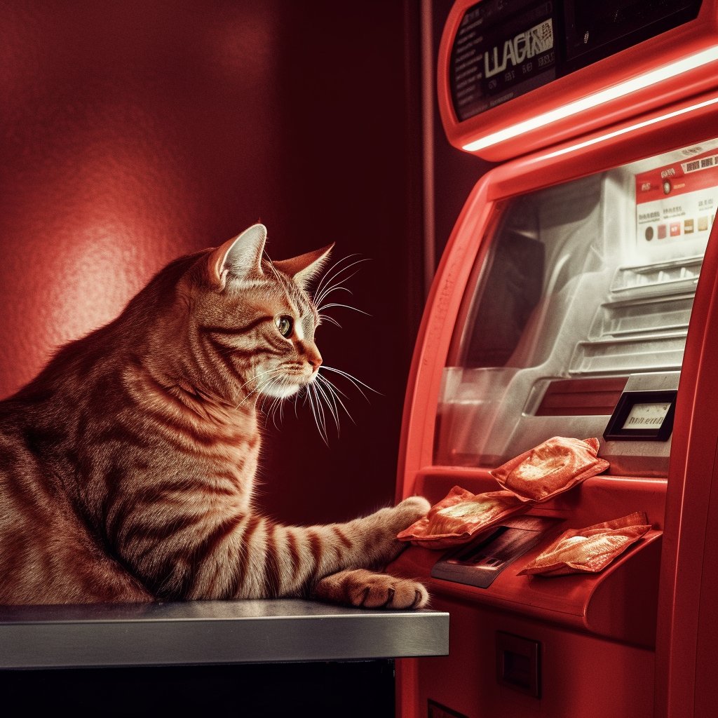 pizzacatnocap's tweet image. 🍕💵🐱 ATM: Pepperoni withdrawal in progress! Pizza Cat knows how to keep his toppings flowing. Here&apos;s to an endless supply of cheesy goodness. #PepperoniATM #PizzaCat #AIArt #Midjourney