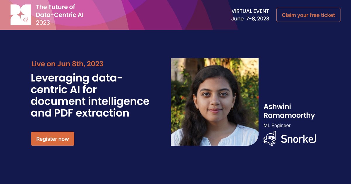 🚀 Excited about the upcoming session on "Leveraging Data-centric AI for Document Intelligence &amp; PDF Extraction" with Ashwini Ramamoorthy, ML Engineer. Discover how to simplify extraction from complex pdf &amp; richly formated documents and use LLMs to accelerate the process.