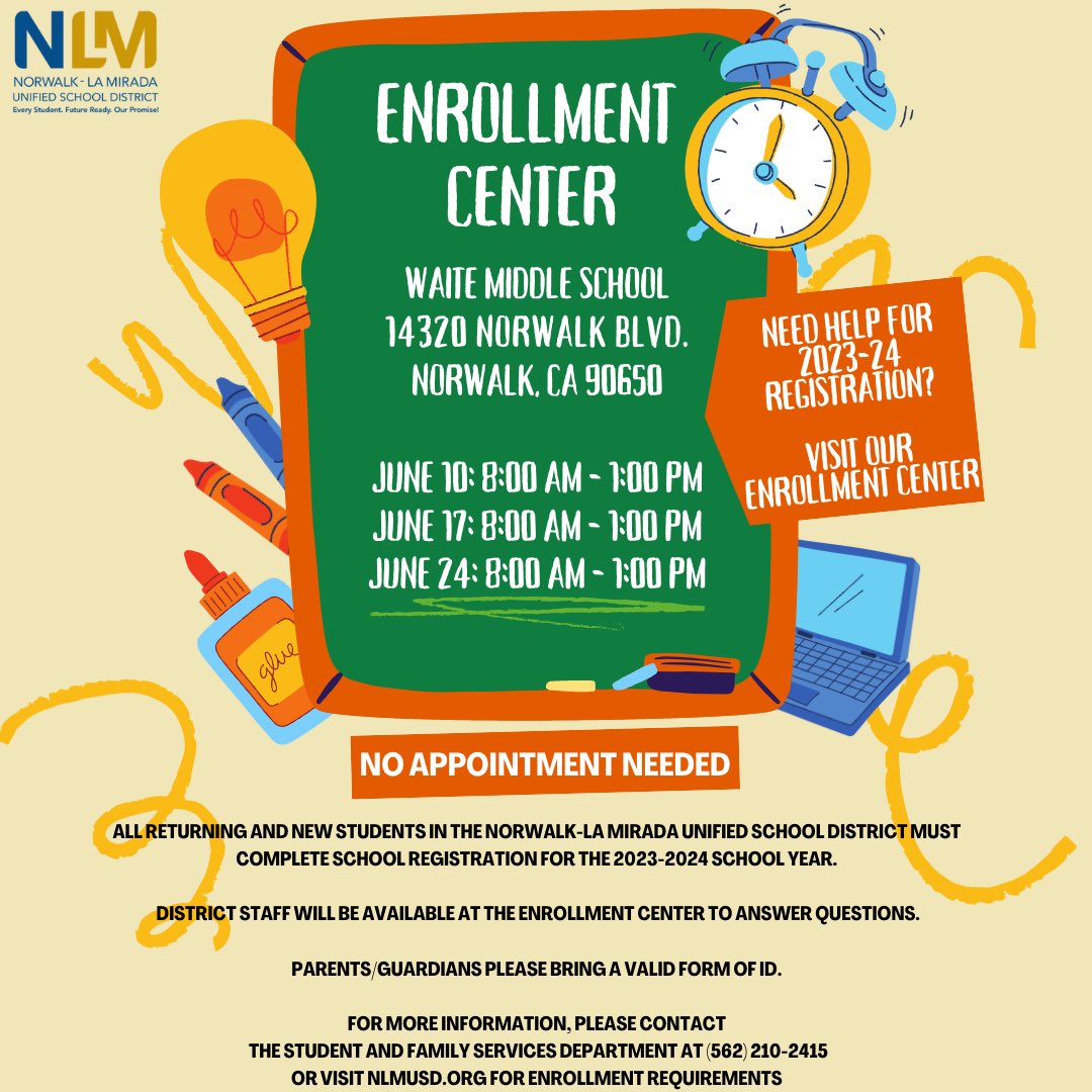 Need to complete enrollment for your student?

#NLMUnified will hold enrollment centers at Waite Middle School over the next three Saturdays in June.

District personnel will be present to answer any enrollment questions as well as verify enrollment requirements.