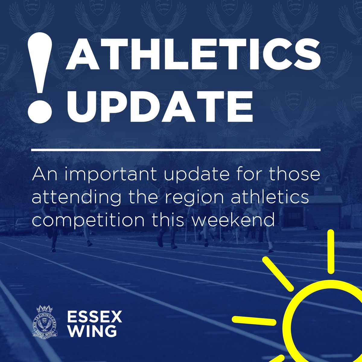 Essex Wing ATC (@essexwingatc) on Twitter photo Important update for cadets representing the wing at <a href="/CERegionRAFAC/">C & E Region RAFAC</a> athletics this weekend: Dress code updated due to hot weather. Travel in comfortable sports kit, bring sun cream, hat, water bottle. Optional sunglasses. Contact Sqn staff or email Wing Sports Officer for queries Important update for cadets representing the wing at <a href="/CERegionRAFAC/">C & E Region RAFAC</a> athletics this weekend: Dress code updated due to hot weather. Travel in comfortable sports kit, bring sun cream, hat, water bottle. Optional sunglasses. Contact Sqn staff or email Wing Sports Officer for queries