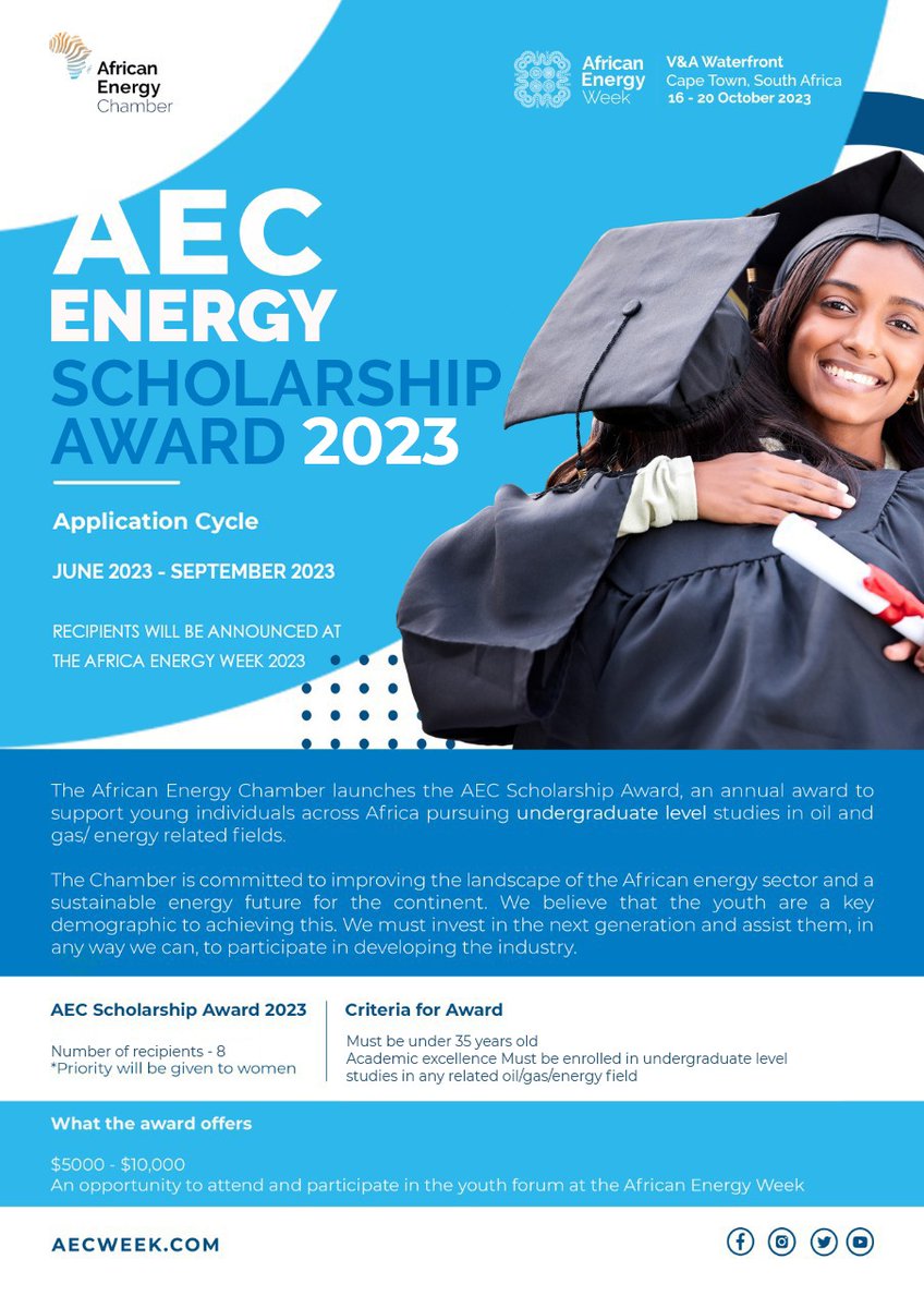 We are thrilled to announce the launch of the AEC African Energy Education Fund 📚 , an annual program aimed at supporting young individuals across Africa who are pursuing undergraduate studies in oil, gas, and energy-related fields.

The application cycle for the scholarship