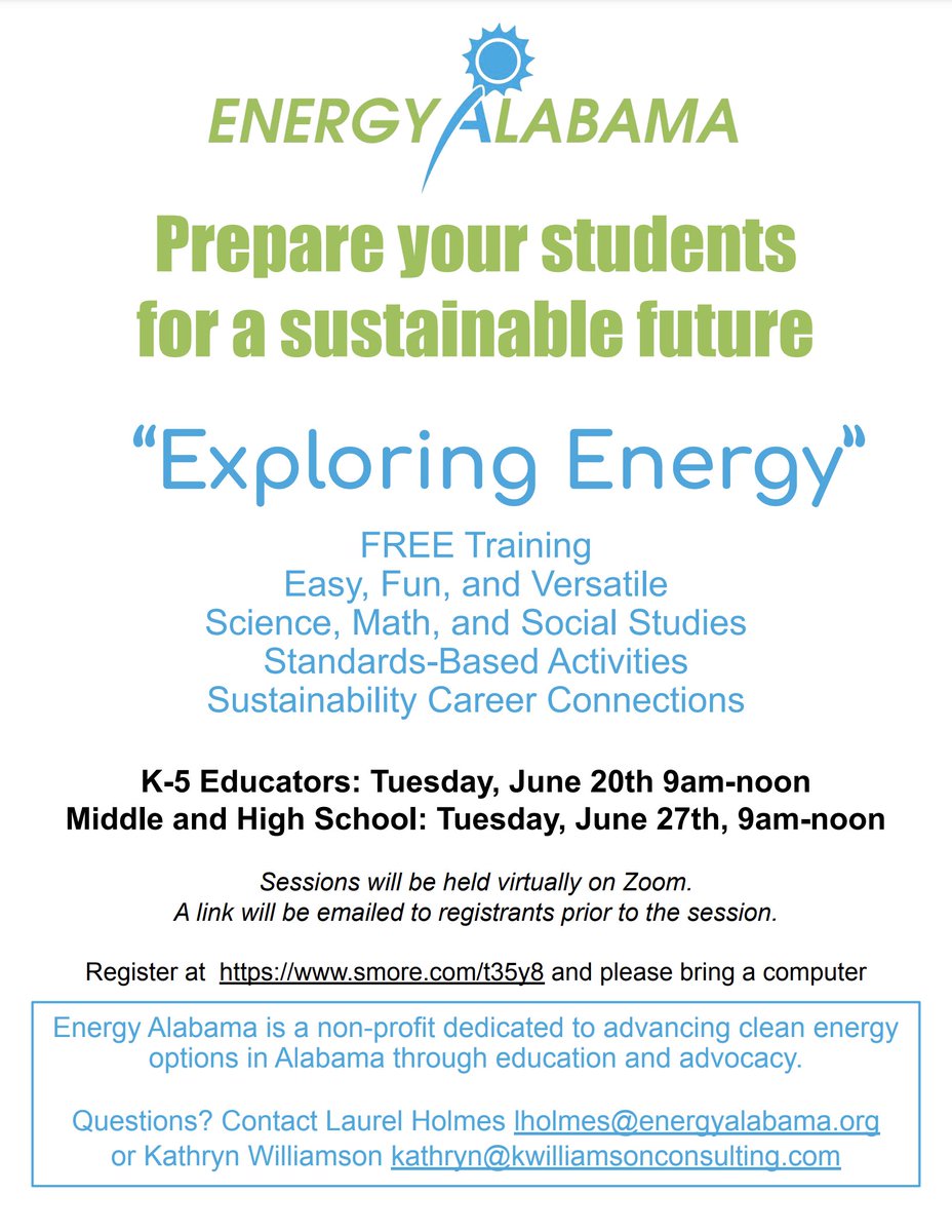Alabama Teachers this is going to be a GREAT Intro to Exploring Energy! Register for this virtual event TODAY 

June 20 Registration
alsde.truenorthlogic.com/ia/empari/lear…

June 27 Registration
alsde.truenorthlogic.com/ia/empari/lear…

<a href="/mrscamptech/">Aundria Campbell</a> <a href="/energyalabama/">Energy Alabama</a>