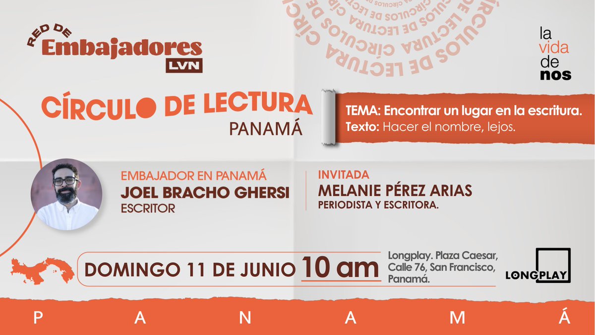Encontremos un lugar en la escritura con la #RedLVN.

Invitamos a la comunidad venezolana en Panamá a nuestro círculo de lectura, guiado por el embajador <a href="/JoelBrachoG/">Joel Bracho Ghersi</a> y con la invitada especial <a href="/MelaPerezArias/">Melanie Pérez Arias 🌿</a>.

📅 Domingo #11Jun
🕙 10:00 am
📍 <a href="/longplaypanama/">Longplay</a>