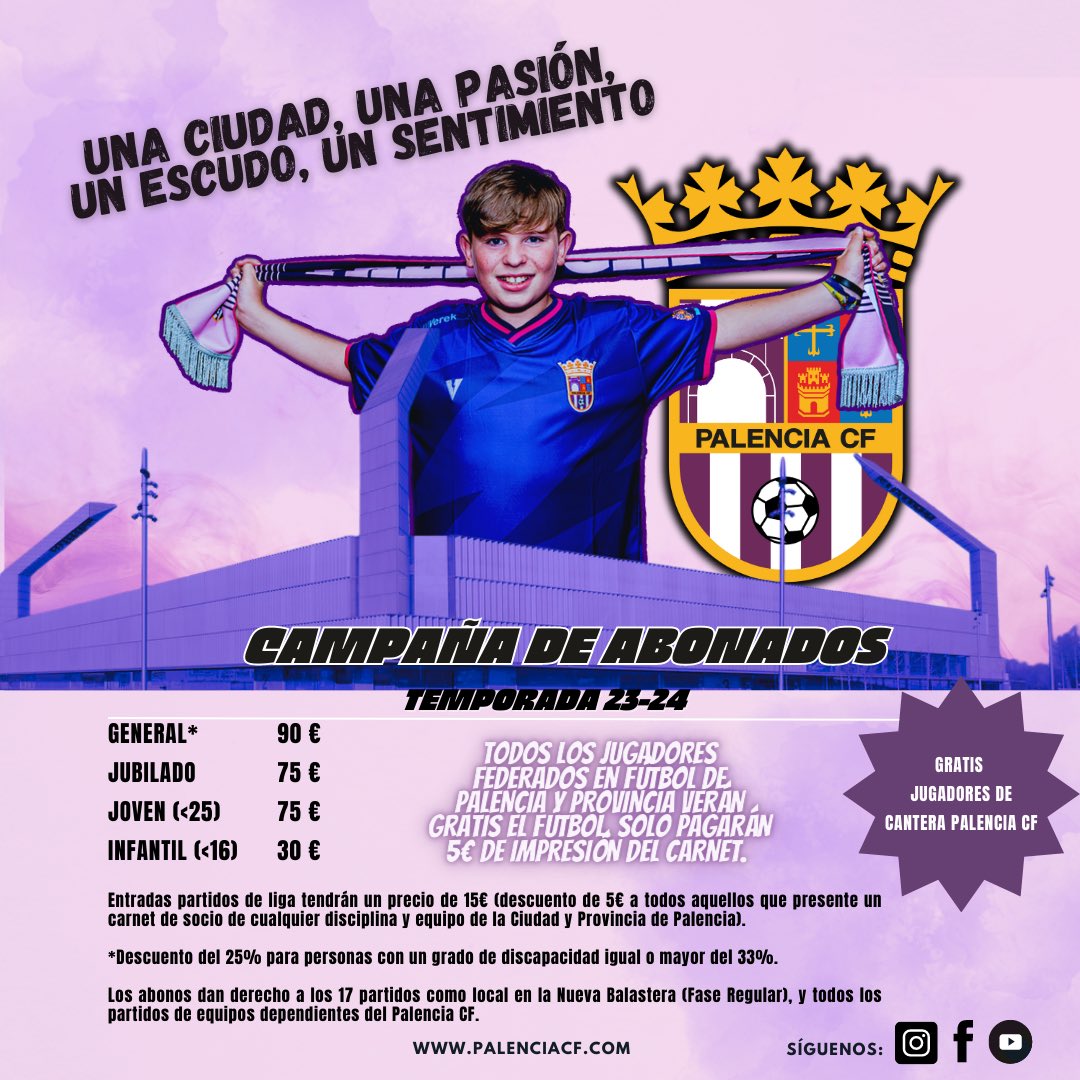 YA PUEDES SACAR TU ABONO 23-24🚨  

Online💻: palenciacf.com/shop  

Fechas y horario de Oficina la Nueva Balastara 🏟:   
Viernes 9 de junio: 16:00h-19:00h Semana 12-18 de junio: 16:00h-19:00h Semana 19-25 de junio: 10:00h-12:00h Semana 26-30 de junio: 16:00-19:00h