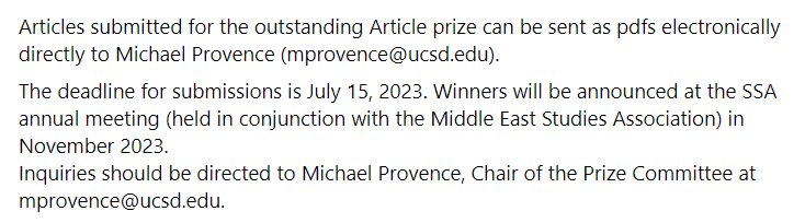 📢CALL FOR PRIZE SUBMISSIONS📢

The SSA is seeking submission for our 2023 prizes for  Best Dissertation and Best Article/Book about Syria!

The deadline is July 15.

Details here &gt;