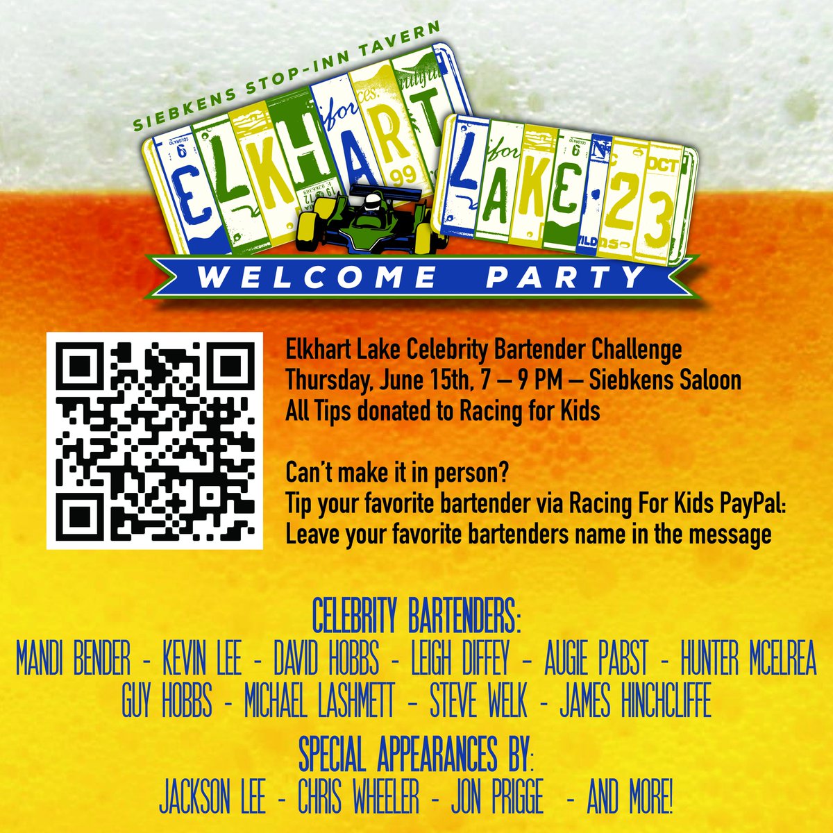 Don's miss it!  <a href="/SiebkensResort/">Siebkens Resort</a> Charity Bartending Challenge  <a href="/MrDavidHobbs/">David Hobbs</a> <a href="/leighdiffey/">Leigh Diffey</a> <a href="/Hinchtown/">James Hinchcliffe</a> <a href="/KevinLee23/">Kevin Lee</a> <a href="/PabstRacing/">Pabst Racing</a> <a href="/swelk57/">Steve Welk</a> <a href="/bendermandi/">Mandi Bender</a> <a href="/HunterMcElrea/">Hunter McElrea</a> Guy Hobbs, Michael Lashmett <a href="/thechriswheeler/">Christopher Wheeler</a> Jon Prigge <a href="/JacksonLee52/">Jackson Lee</a>  <a href="/Racing_For_Kids/">racing_for_kids</a> #elkhartlakewelcomesindy