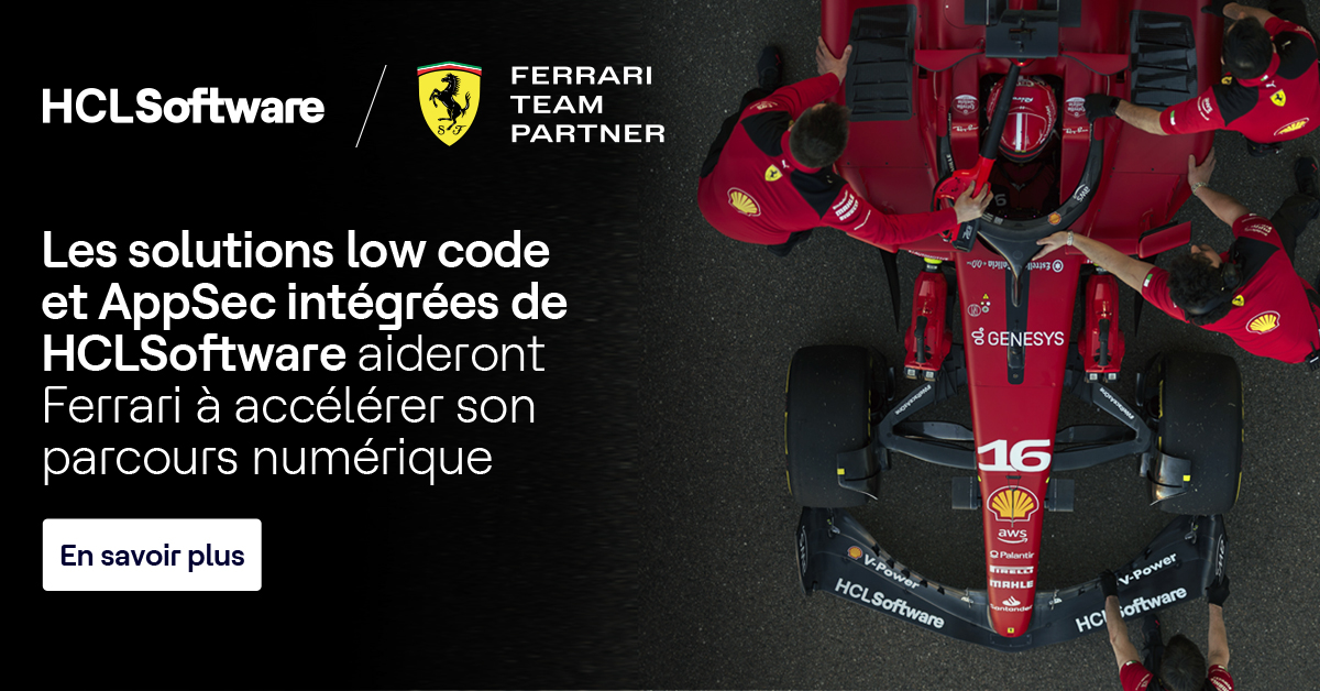 HCLSoftware's tweet image. HCLSoftware est prêt à améliorer l&apos;expérience et la sécurité des employés de Ferrari en accélérant leur parcours numérique grâce à nos solutions de sécurité des applications intégrées et à low code - #HCLVoltMX et #HCLAppScan.

Pour en savoir plus : hclsw.co/urfv1n