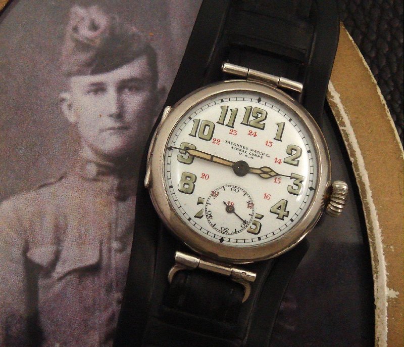 Astonishing, historic WWI-era military wire lug Tavannes Signal Corps. wristwatch. This rare military example features a period 24 hour porcelain military dial, stained glass hands and a hinged-lug case. #wwiwatches #trenchwatches #24hourwatches #wwiihistory #horology #timepiece