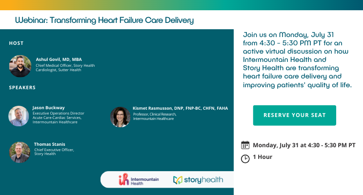 Join us July 31 from 4:30 - 5:30 PM PT for our webinar w/ @Intermountain,Transforming Heart Failure Care Delivery. Learn how our partnership affects heart failure care & improves patients' quality of life. @Ashul @KismetRasmu @tomstanis Register today: us06web.zoom.us/webinar/regist…