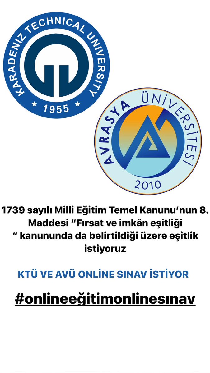 ONLİNE SINAV İSTİYORUZZZZZZZZZZ !!!!!!
#onlineeğitimonlinesınav
#avrasyaüniversitesi
#karadeniztekniküniversitesi
#yökegitimekulakver