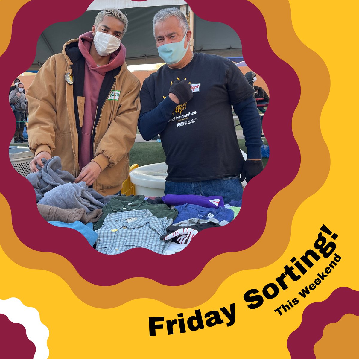 Remember, tomorrow is Friday Sorting! Bring your gently used and/or new clothing to ASU's Community Services Building, where we will prepare it for distribution!

Thanks for being apart of this great community! See you from 2-4PM tomorrow!