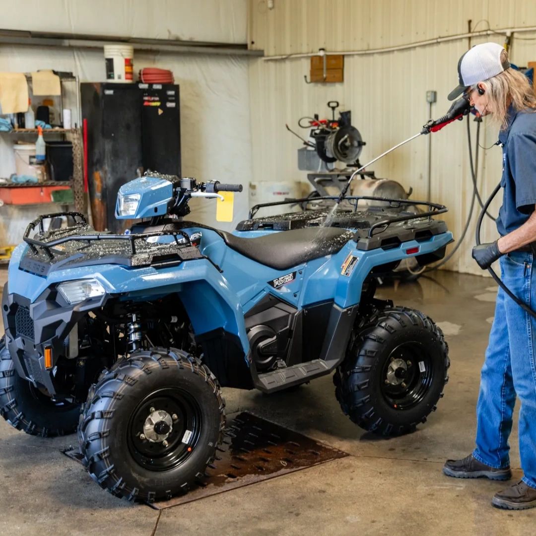 Pressure washing your ATV after every adventure will not only protect the paint, but keep your ride looking brand-new for years to come.