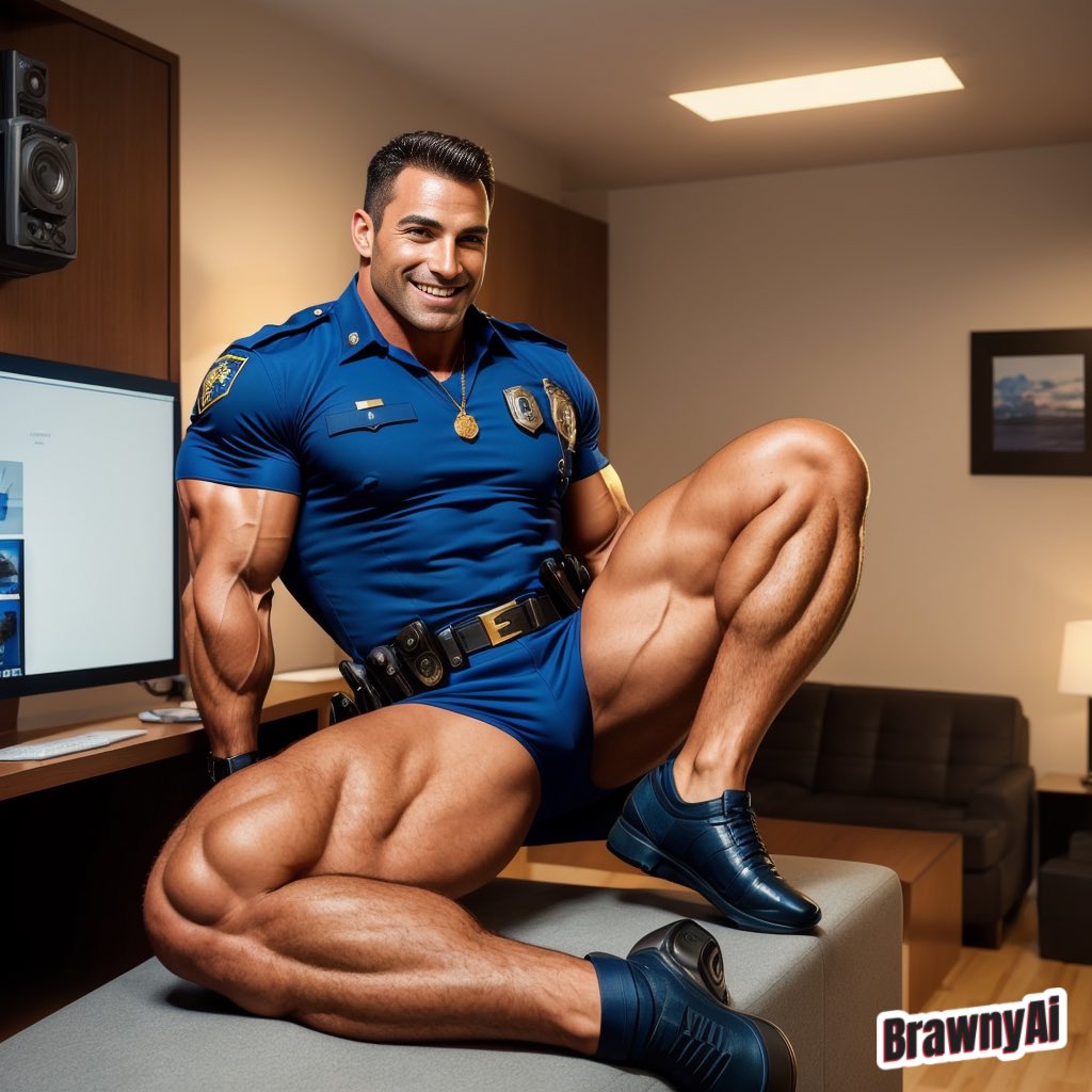 BrawnyAi's tweet photo. Ready for duty! 👮♂️💙 This classic, smoking hot policeman is here to maintain law and order - and maybe your heart rate too! Brace yourself for a whole new level of public service! #HotCop #DutyCall #BrawnyAi #gay #gays #jock #jocks #gay #hunk #pride https://t.co/VC7hkb4j0E