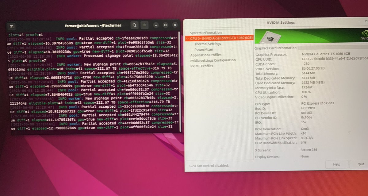 Wow, have to say I'm loving #flexfarmer by <a href="/flexpool_io/">Flexpool.io ⚡️</a> 

Upgraded my <a href="/chia_project/">Chia Network</a> farm to C8 compressed plots &amp; using a cheap <a href="/NVIDIAGeForce/">NVIDIA GeForce</a> GTX 1060 6GB

Only 48% of GPU memory used &amp; increased my whole farm by 100TB for free!!!

#XCH #CHIA #decentralised #plots #FarmLife