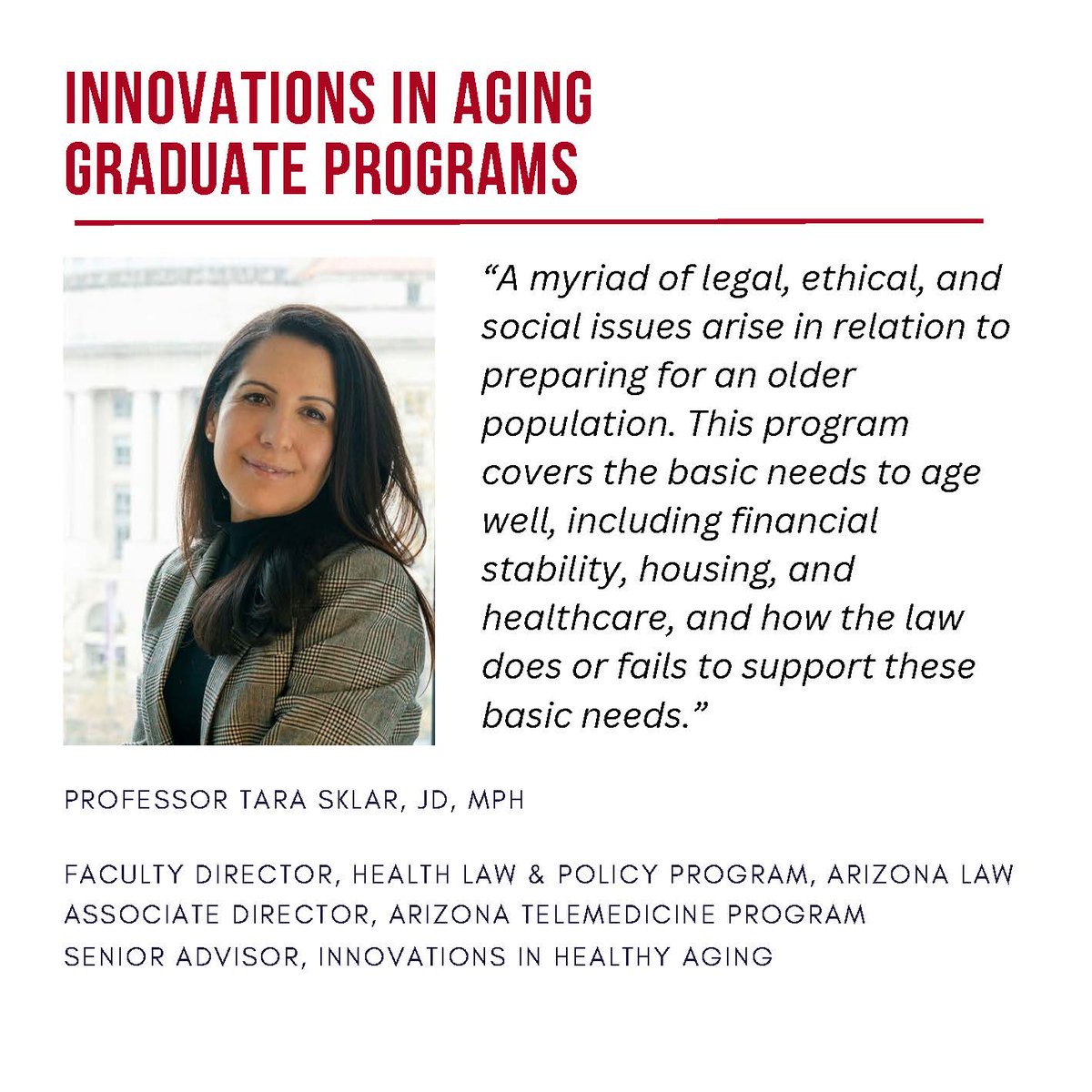 The Aging Law &amp; Policy Graduate Certificate is now part of the new Master of Innovations in Aging Degree Program. Learn more at the online information session w/ Professor Tara Sklar (<a href="/trsklar/">Tara Sklar 🇺🇦</a>) on Tuesday, June 13th from 3-4pm (MST).
Register: bit.ly/InnovationsInA…