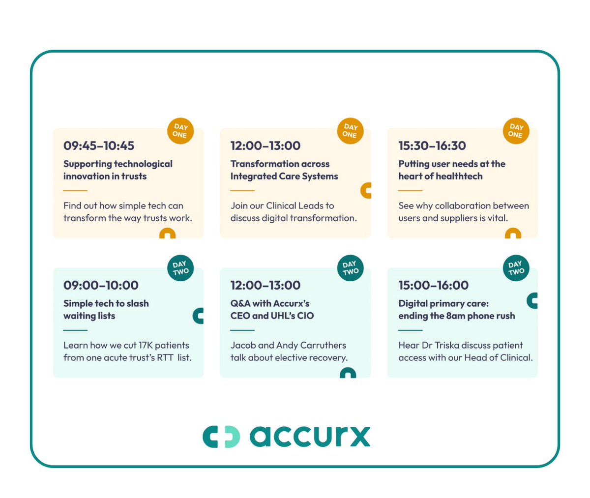 Accurx's tweet image. Who's joining us at #NHSConfedExpo next week? 👀 We can't wait to share what we have in store for you!
Curious about how we can support your practice or trust to transform patient care? 🤔
Connect with our team inside and outside our sessions/activities across both days! 👇