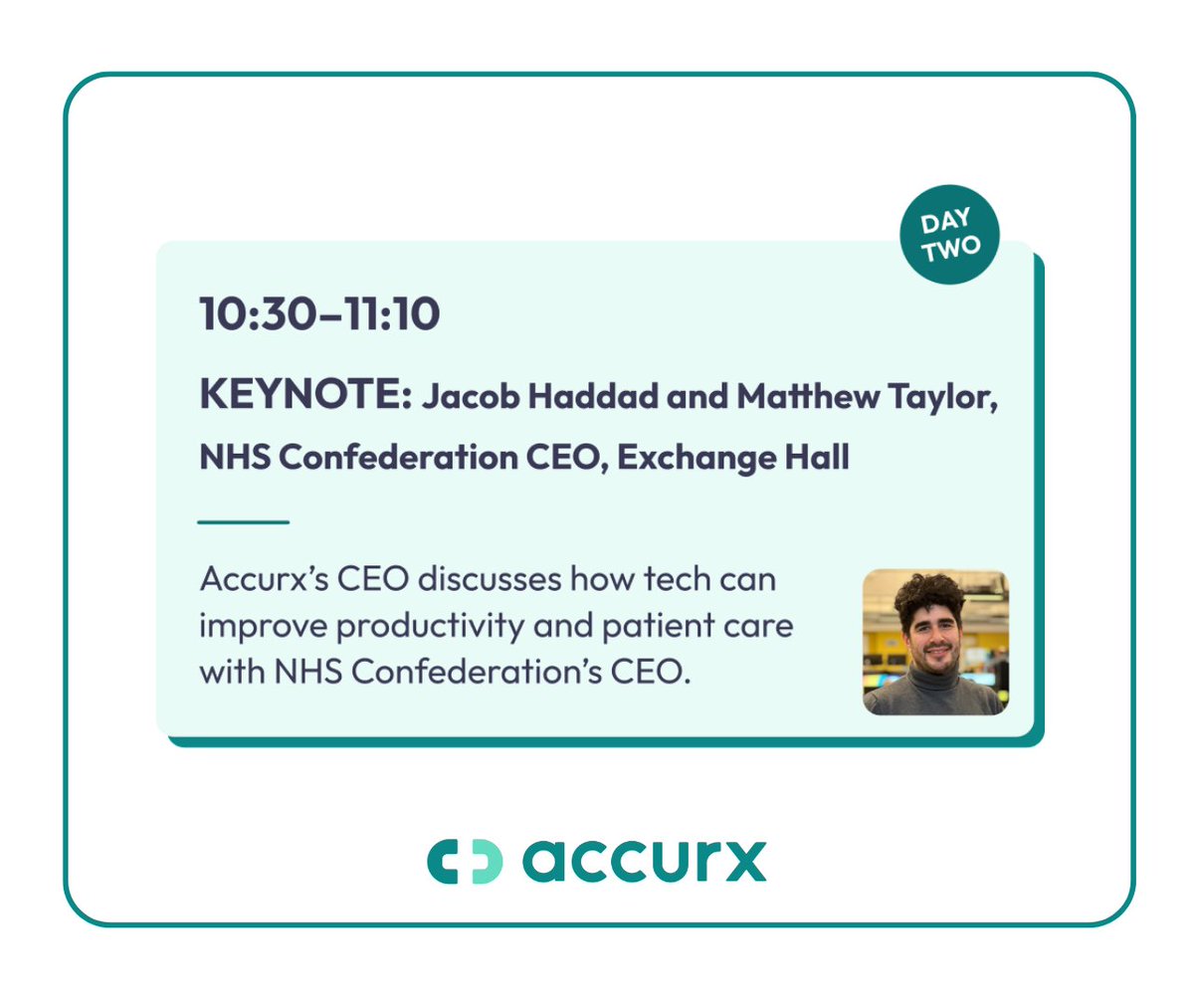 Accurx's tweet image. Who's joining us at #NHSConfedExpo next week? 👀 We can't wait to share what we have in store for you!
Curious about how we can support your practice or trust to transform patient care? 🤔
Connect with our team inside and outside our sessions/activities across both days! 👇