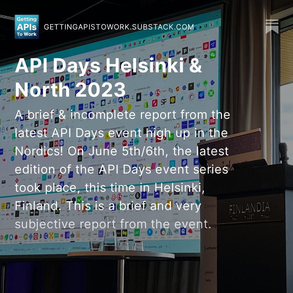 Erik Wilde (@dret) on Twitter photo It's time to try something new! I am on <a href="/SubstackInc/">Substack</a> now! This is the first post and it's about <a href="/APIdaysGlobal/">apidays Global</a> Helsinki. I'll move longer-form content to #Substack because <a href="/LinkedIn/">LinkedIn</a> articles perform very bad and it's always good to diversify a little...
gettingapistowork.substack.com/p/api-days-hel… It's time to try something new! I am on <a href="/SubstackInc/">Substack</a> now! This is the first post and it's about <a href="/APIdaysGlobal/">apidays Global</a> Helsinki. I'll move longer-form content to #Substack because <a href="/LinkedIn/">LinkedIn</a> articles perform very bad and it's always good to diversify a little...
gettingapistowork.substack.com/p/api-days-hel…